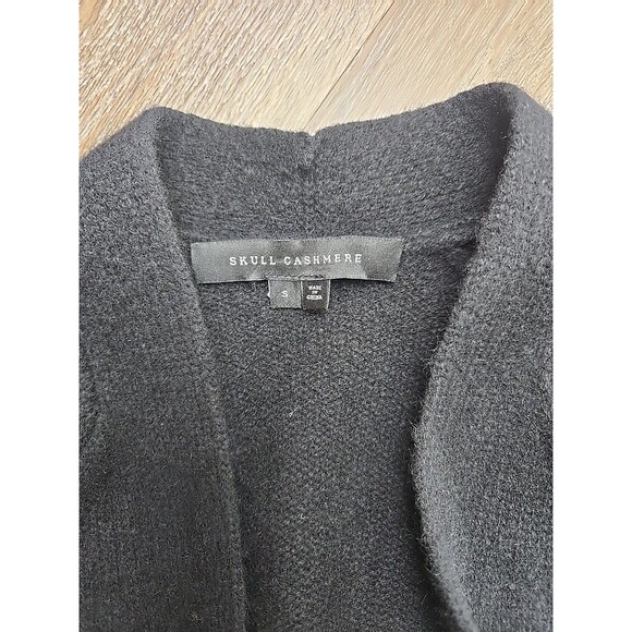 Skull Cashmere Black Long Open Front Cardigan Women's Small Fringe Hem L/S - Picture 6 of 9